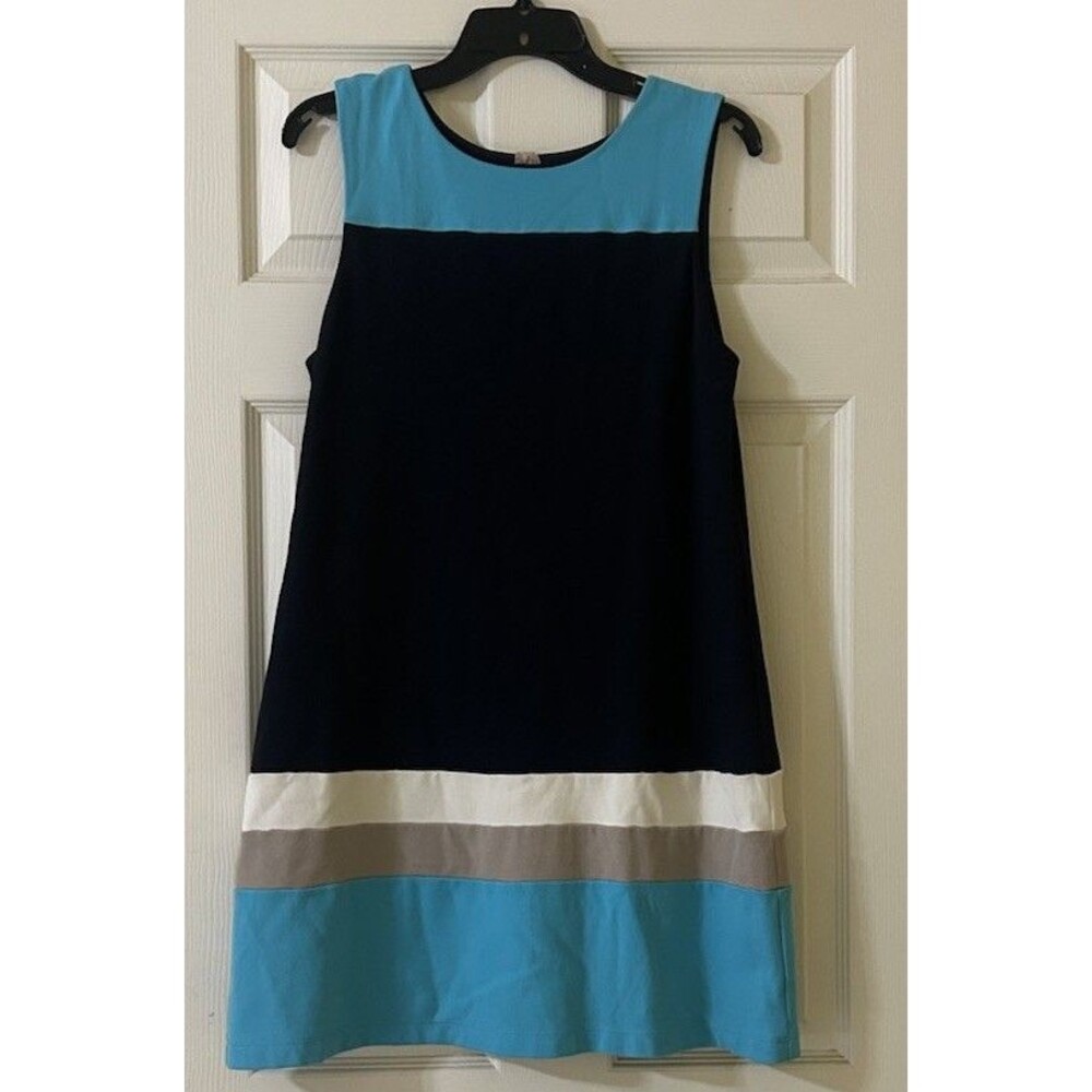 Sleeveless Sheath Dress Navy Turquoise Size Large Career Coastal Beach Nautical